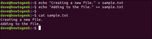 echo "Creating a new file." > sample.txt in a terminal window