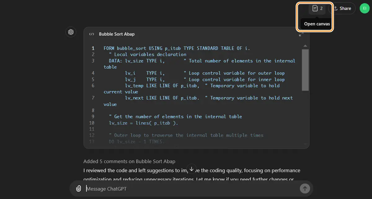 使用 ChatGPT Canvas 辅助 ABAP 开发