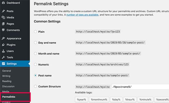 Permalinks settings page