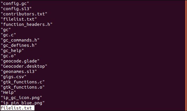 Contents of filenames.txt in less in a terminal window.