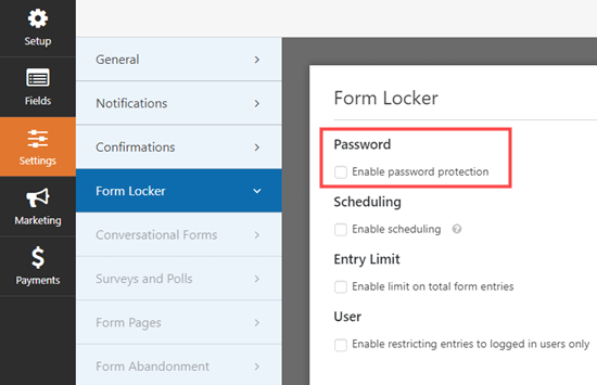 Going to the Form Locker settings page in WPForms and checking the password box
