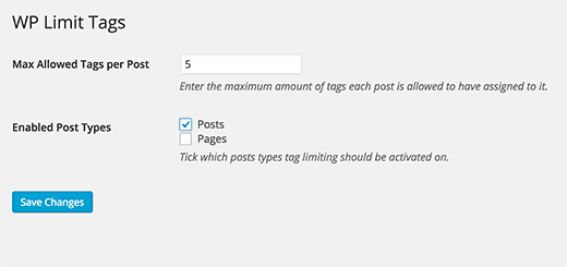 WP Limit Tags plugin settings