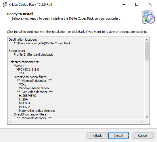 Click Install to begin the K-Lite Codec Pack installation