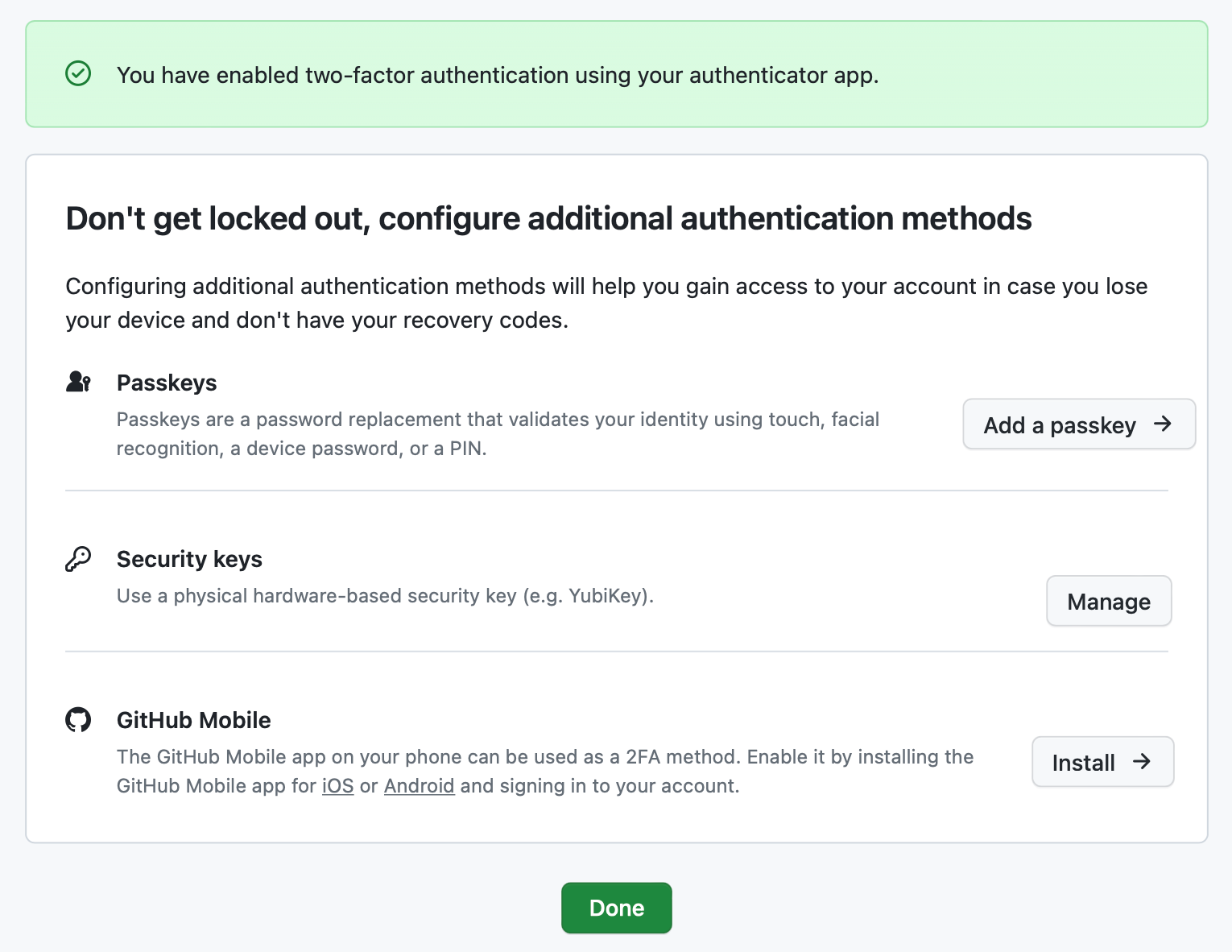 GitHub 2FA Options