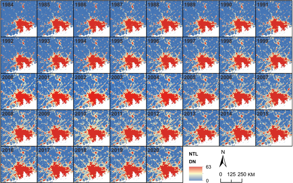【数据分享】1984~2020年中国长时间序列逐年人造夜间灯光数据集
