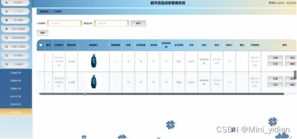 在这里,游客能够看到超市货品信息管理系统的导航条显示首页,商品信息