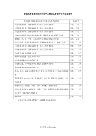 未成年工劳动保护合规检查患病或者生理缺陷禁忌从事作业.doc