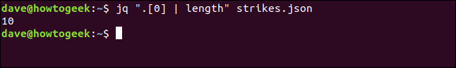 The "jq ".[0] | length" strikes.json" command in a terminal window.