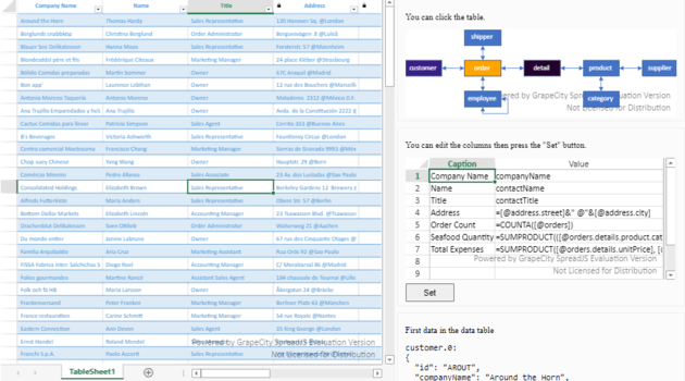 SpreadJS&#039;s TableSheet and DataManagerTableSheet is a fast, data-bound table view with grid-like behavior, a spreadsheet user interface and calculation engine which uses the Data Manager to pull data from the server, interact with it and then creates a view of the fetched data to bind to a tablesheet.