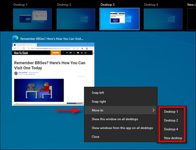 In Task View on Windows 10, right-click on a window thumbnail and select "Move to."
