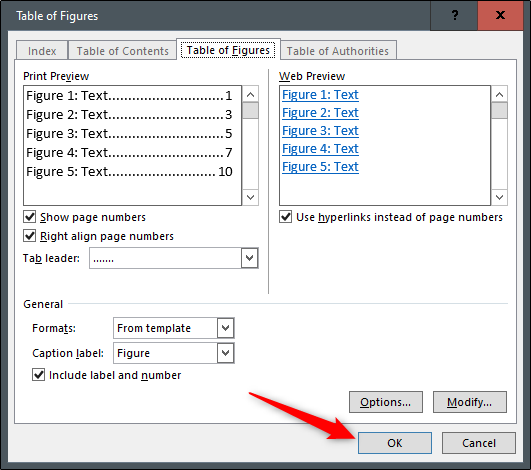 Edit the Table of Figures options