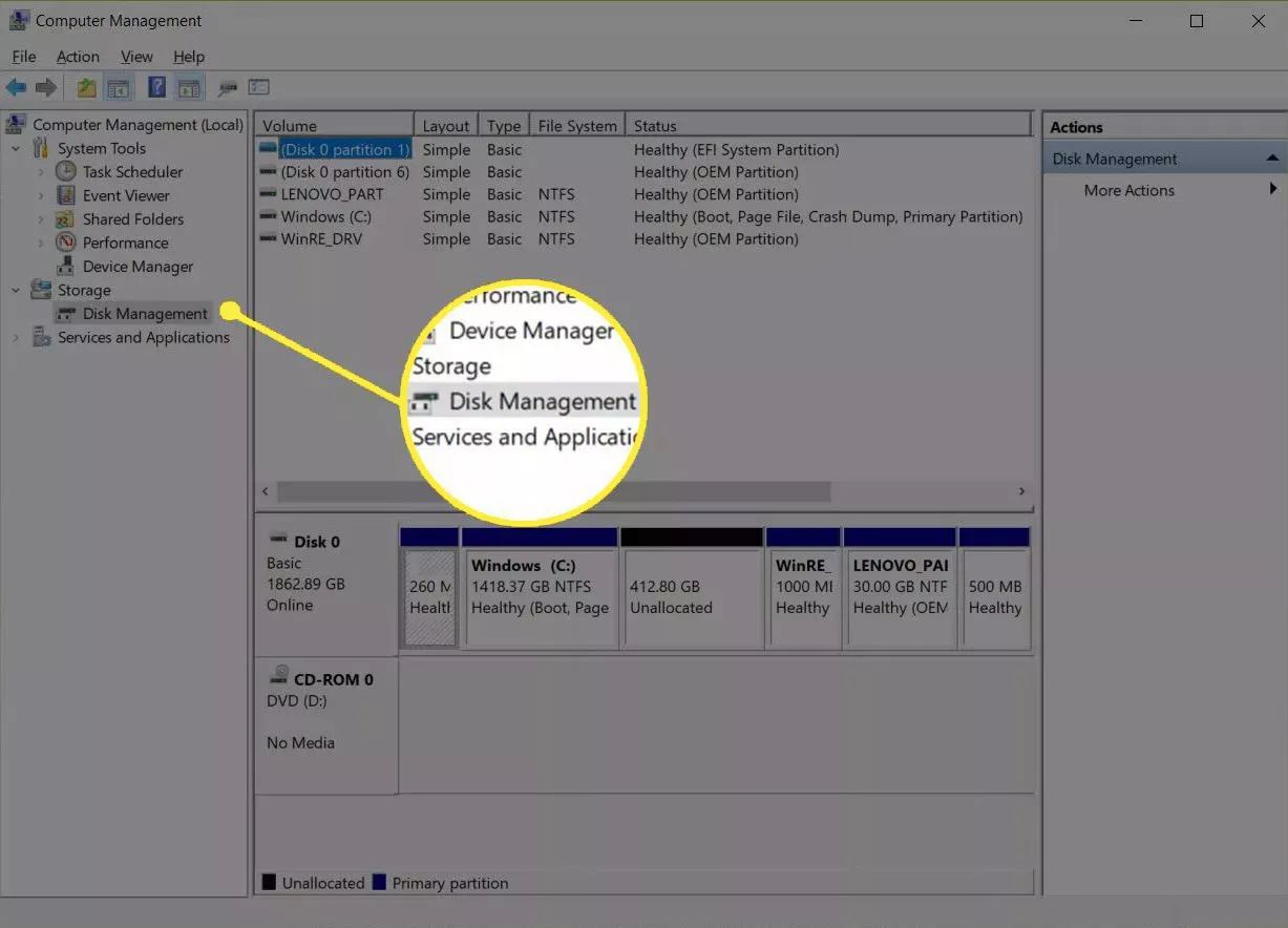 Disk Management section in Computer Management window