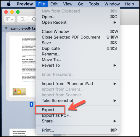 Click File > Export in Preview to begin adding a password