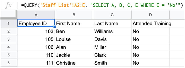 The QUERY function in Google Sheets, showing it populating with the data of a new employee.