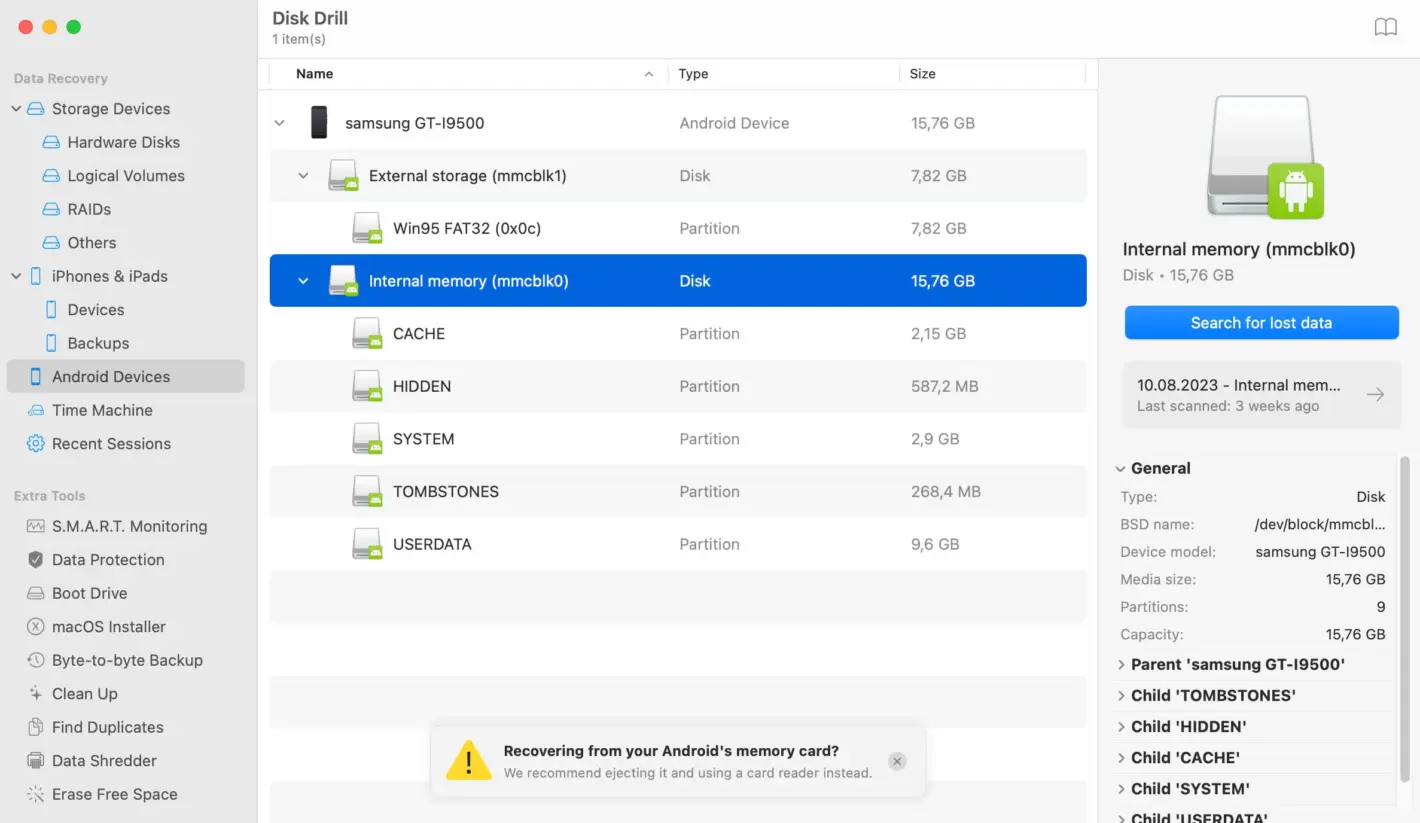 连接您的 Android 设备并启动 Disk Drill src