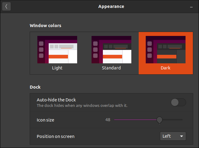 Ubuntu's appearance window with the dark Yaru theme selected.