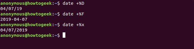 Output of the date command with D F x options