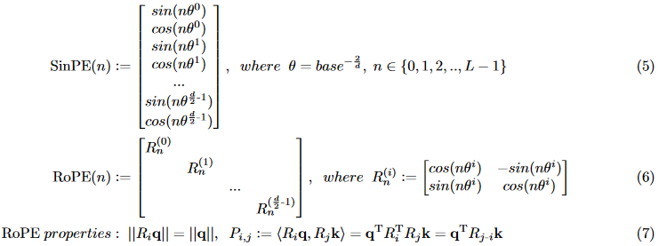位置嵌入(PE)在Transformer中至关重要，特别是对于NLP任务。与循环神经网络(Rnn)不同，Transformer将输入token作为词袋并行处理，并且缺乏固有的序列顺序感。为了保留顺序信息，Transformer提出了一种新的正弦位置嵌入(SinPE)。如公式5所示，SinPE的每个维度中的每个条目都是基于sin、cos等三角函数推导出来的，周期相对于绝对token位置呈指数变化，其中base是一个大整数，根据原始论文手动设置为10000，没有进一步解释，d是隐藏状态的单位嵌入维度。最近出现了一些变体，包括可训练的嵌入来学习嵌入映射和基于相对位置的相对嵌入。其中，Rotary PE (RoPE)对复数域进行旋转操作(见公式6)，而不是基于绝对位置对Q、K进行相加，与SinPE共享相同的基函数。根据Eq.7中描述的性质，不仅RoPEs保证q,k的大小，并且P中的每一对q, k，只会根据它们在序列中的相对距离标记嵌入。