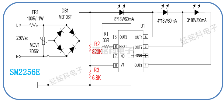 三段低THD线性恒流控制芯片SM2256E：适用于印度球泡灯9W@230Vac