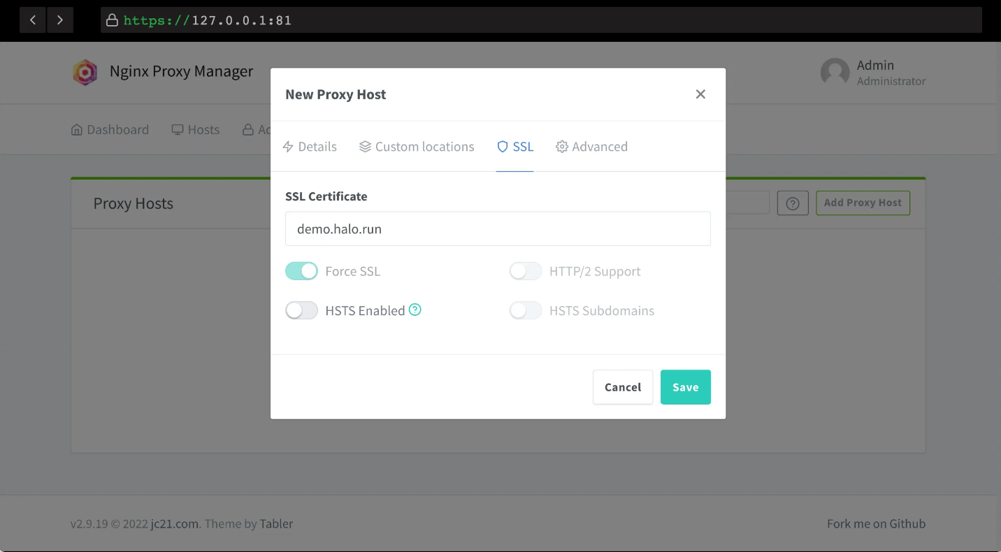 使用Nginx Proxy Manager配置Halo的反向代理和申请 SSL 证书