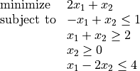 \begin{array}{ll} \mbox{minimize}   &  2x_1 + x_2 \\ \mbox{subject to} &   -x_1  + x_2 \leq 1 \\        & x_1  + x_2 \geq 2 \\        & x_2 \geq 0 \\        & x_1 -2x_2 \leq 4 \end{array}