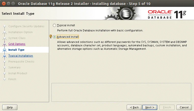 Select Advanced install when you install Oracle on Ubuntu Linux