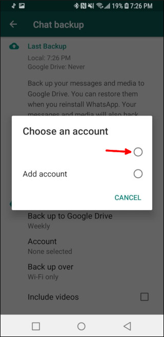 Selecting the Google account you want to back the messages up to