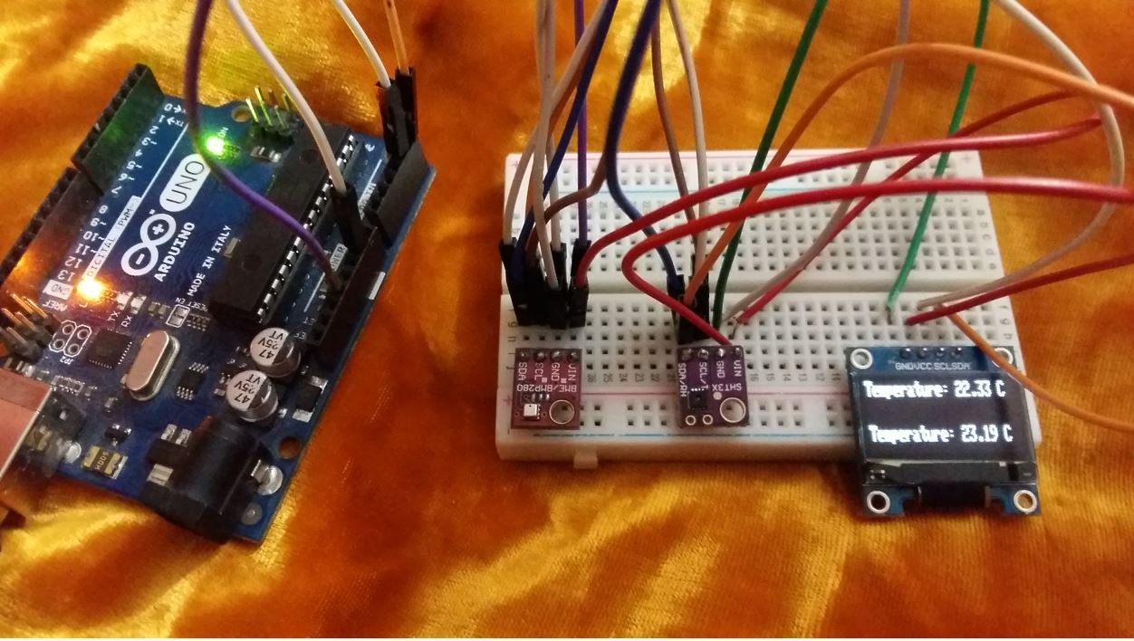 Arduino 多个具有不同地址的 I2C 设备 在 OLED 上显示温度