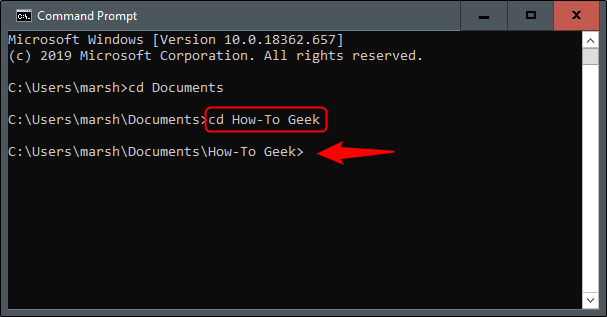 The "cd How-To Geek" command in Command Prompt.