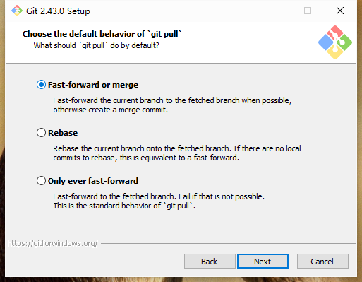 选择git pull命令的默认规则（保持默认即可，后面课程会详细讲解Fast-forward、Rebase相关知识），点击Next