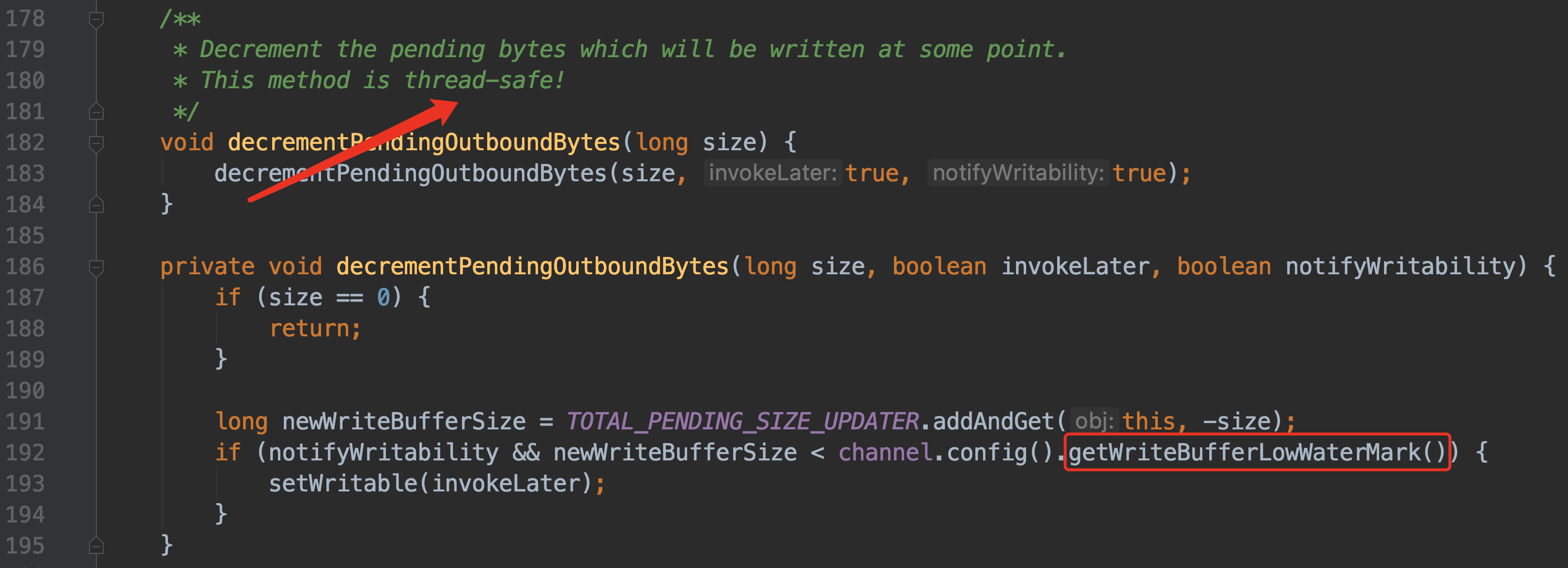 ChannelOutboundBuffer#decrementPendingOutboundBytes(long size, boolean invokeLater, boolean notifyWritability)