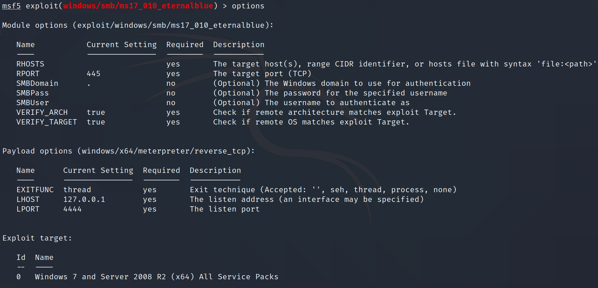 ,HG et Exploit possible ETERNALBLUE Probe ms17-010 c. With check option