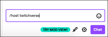The Twitch host command, shown in the Twitch chat on the Twitch website.
