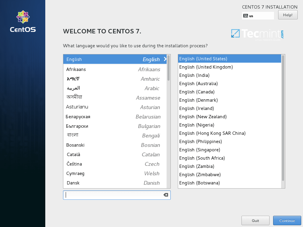 选择 CentOS 7.3 安装语言