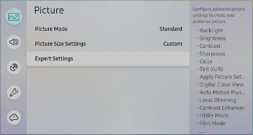 Picture settings on a Samsung TV