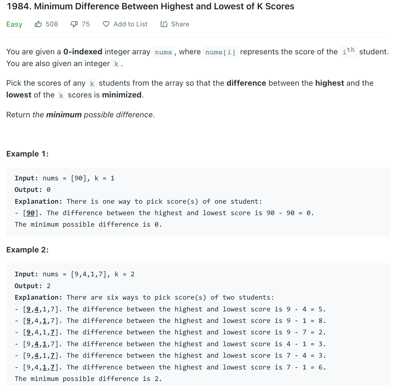 Minimum Difference Between Highest and Lowest of K Scores