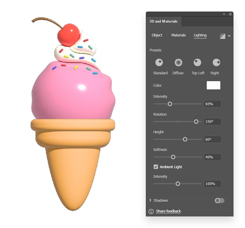 illustrator 3D revolve lighting settings