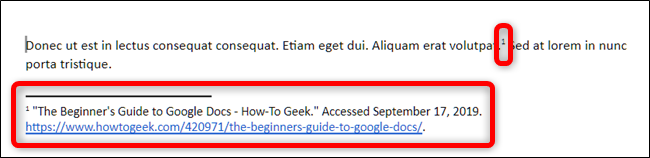 Google docs automatically places a superscript number at the cursor and places the source in a footnote in the style of citation you chose.