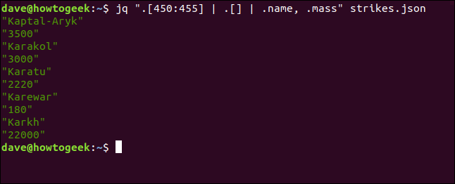 The "jq ".[450:455] | .[] | .name, .mass" strikes.json" command in a terminal window.