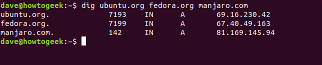 The "dig ubuntu.org fedora.org manjaro.com" command in a terminal window.