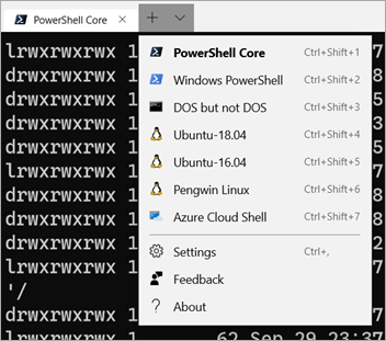 Dropdown filled with shells in the Windows Terminal