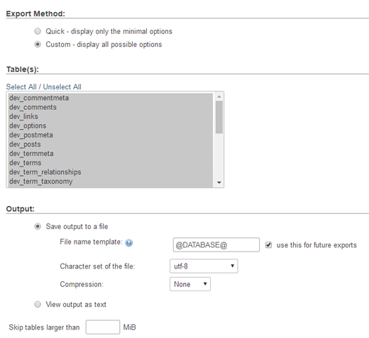 phpMyAdmin Custom Export