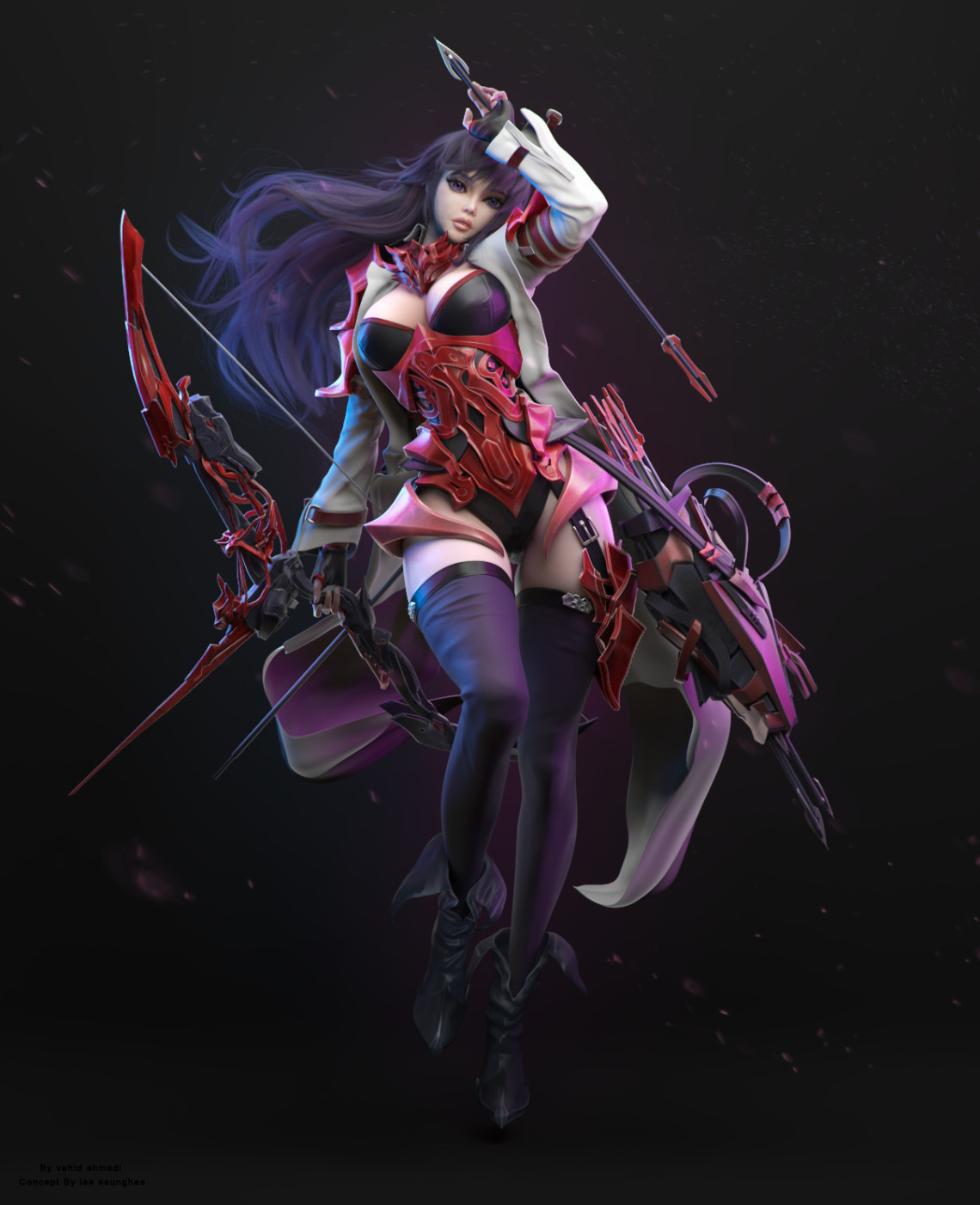 3d模型欣赏:长发飘飘 女射手 cg角色 姿势自然有美感 弓箭制作炫酷