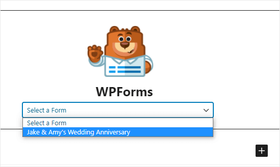 Selecting the RSVP form from the WPForms dropdown list Selecting the RSVP form from the WPForms dropdown list