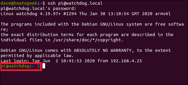 An SSH connection to a Raspberry Pi in a terminal window.