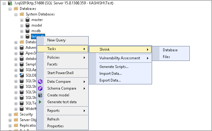 Shrink TempDB using Management Studio