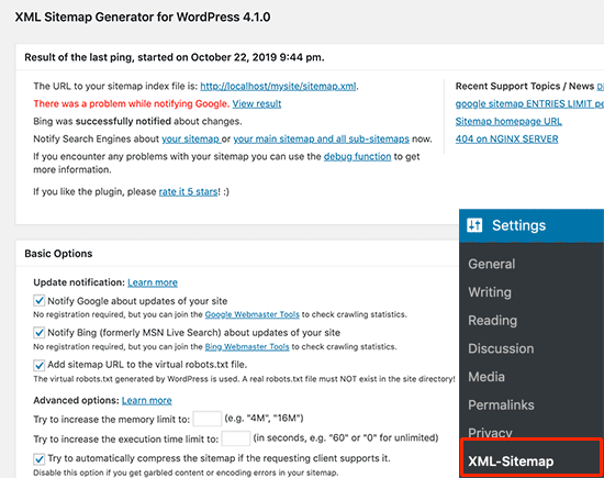 Google XML Sitemap plugin settings