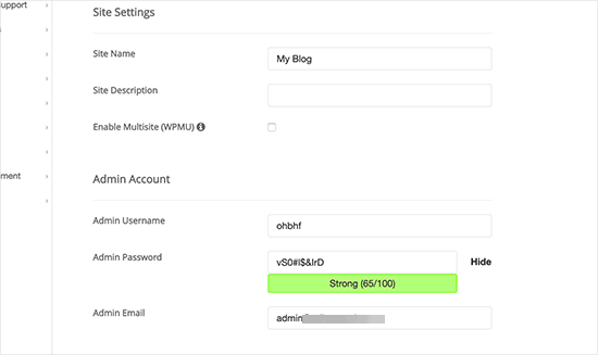 Softaculous WordPress site settings