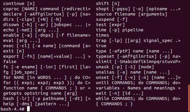 Output of the help command in a terminal window