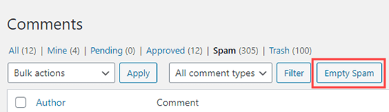 Empty the spam to permanently delete all spam comments